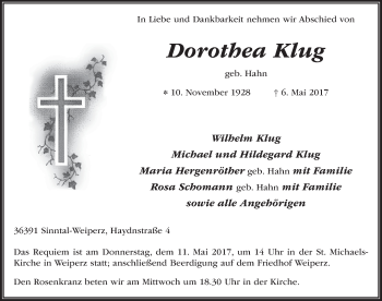 Traueranzeige von Dorothea Klug 