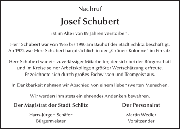 Traueranzeige von Josef Schubert 