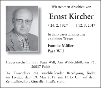 Traueranzeige von Ernst Kircher 