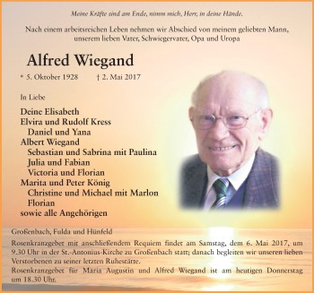 Traueranzeige von Alfred Wiegand 