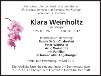 Traueranzeige von Klara Weinholtz 