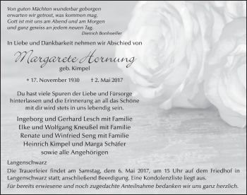Traueranzeige von Margarete Hornung 