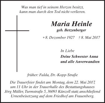 Traueranzeige von Maria Heinle 