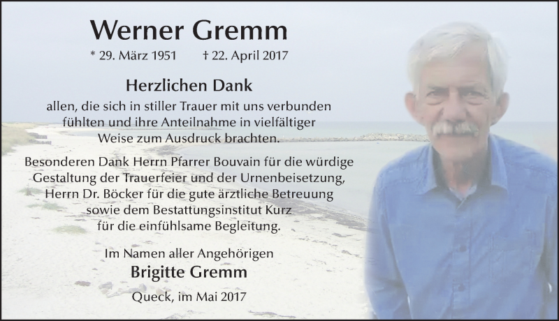  Traueranzeige für Werner Gremm vom 20.05.2017 aus 