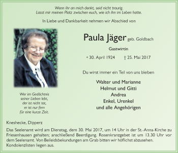 Traueranzeige von Paula Jäger 