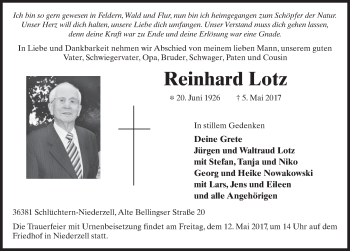 Traueranzeige von Reinhard Lotz 