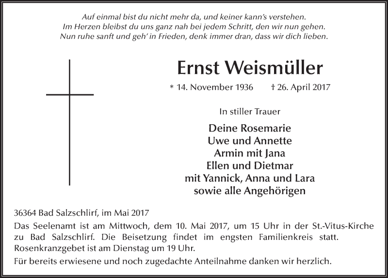  Traueranzeige für Ernst Weismüller vom 08.05.2017 aus 