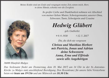 Traueranzeige von Hedwig Glübert 