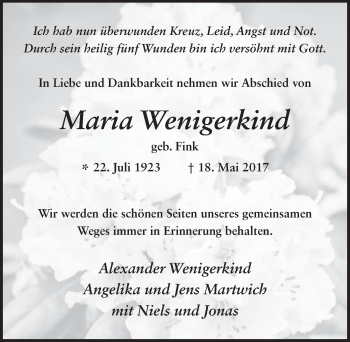 Traueranzeige von Maria Wenigerkind 