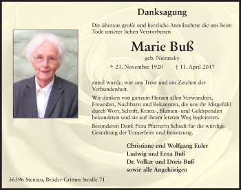 Traueranzeige von Marie Buß 