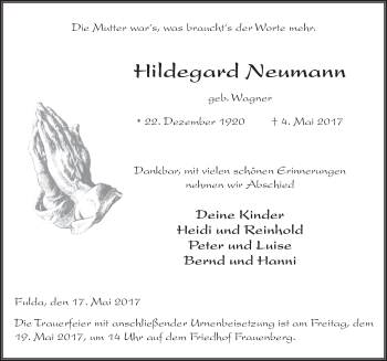 Traueranzeige von Hildegard Neumann 