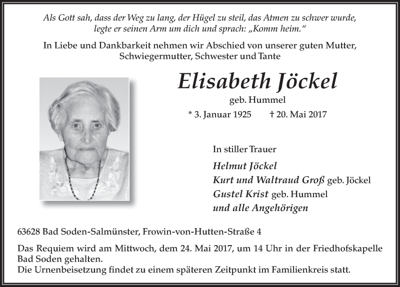 Traueranzeige für Elisabeth Jöckel vom 23.05.2017 aus 
