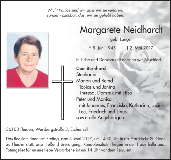 Traueranzeige von Margarete Neidhardt 