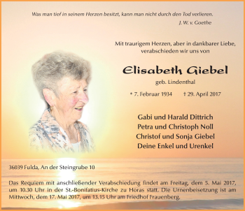 Traueranzeige von Elisabeth Giebel 
