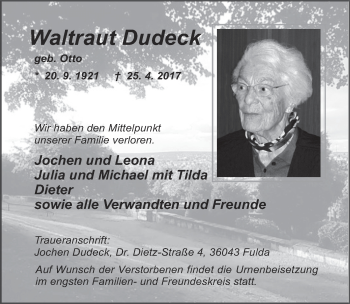 Traueranzeige von Waltraut Dudeck 
