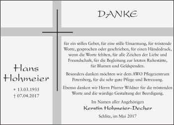 Traueranzeige von Hans Hohmeier 