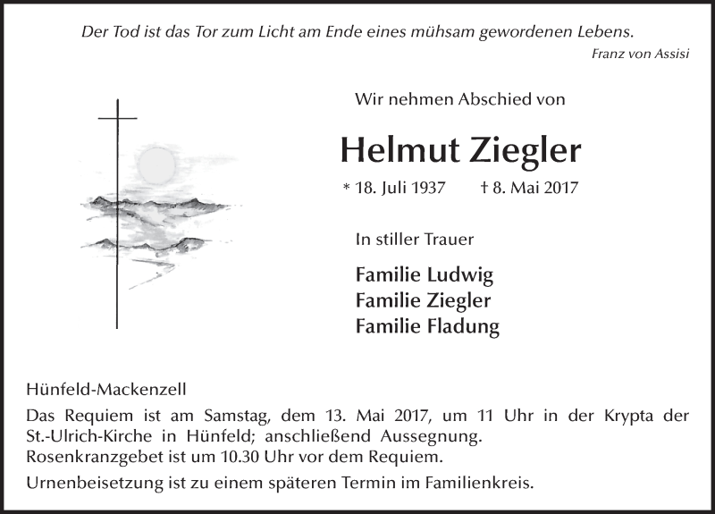  Traueranzeige für Helmut Ziegler vom 10.05.2017 aus 