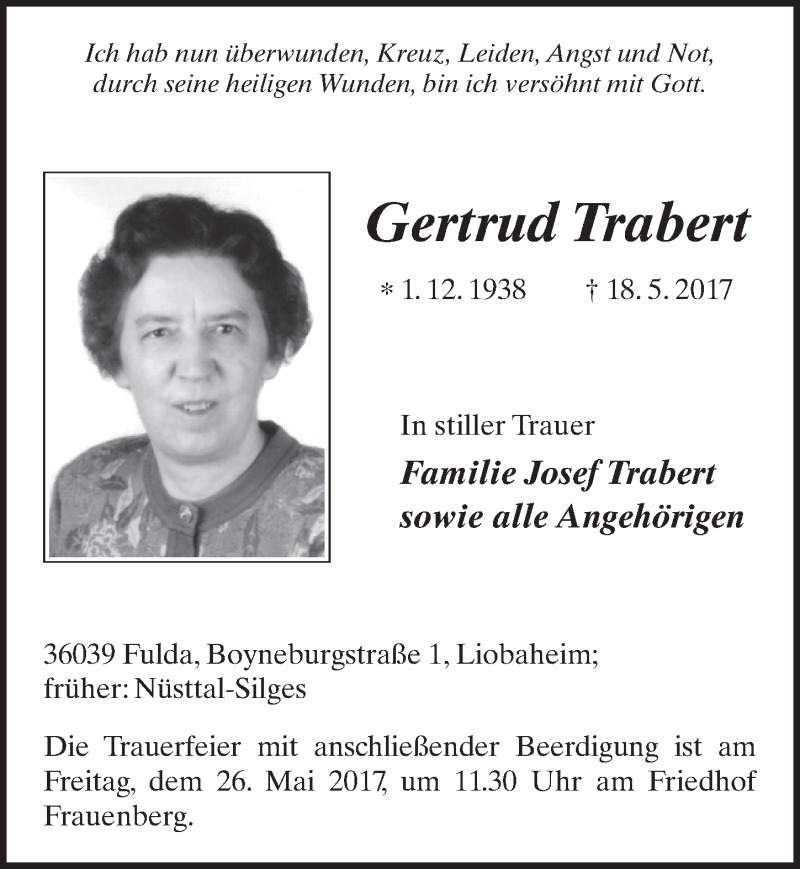  Traueranzeige für Gertrud Trabert vom 24.05.2017 aus 