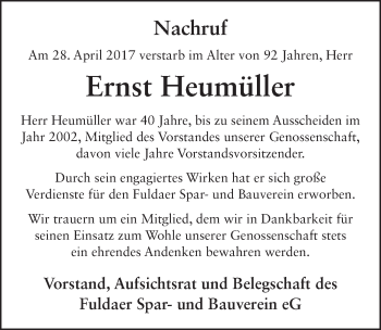 Traueranzeige von Ernst Heumüller 