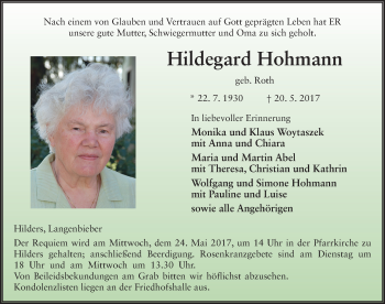 Traueranzeige von Hildegard Hohmann 