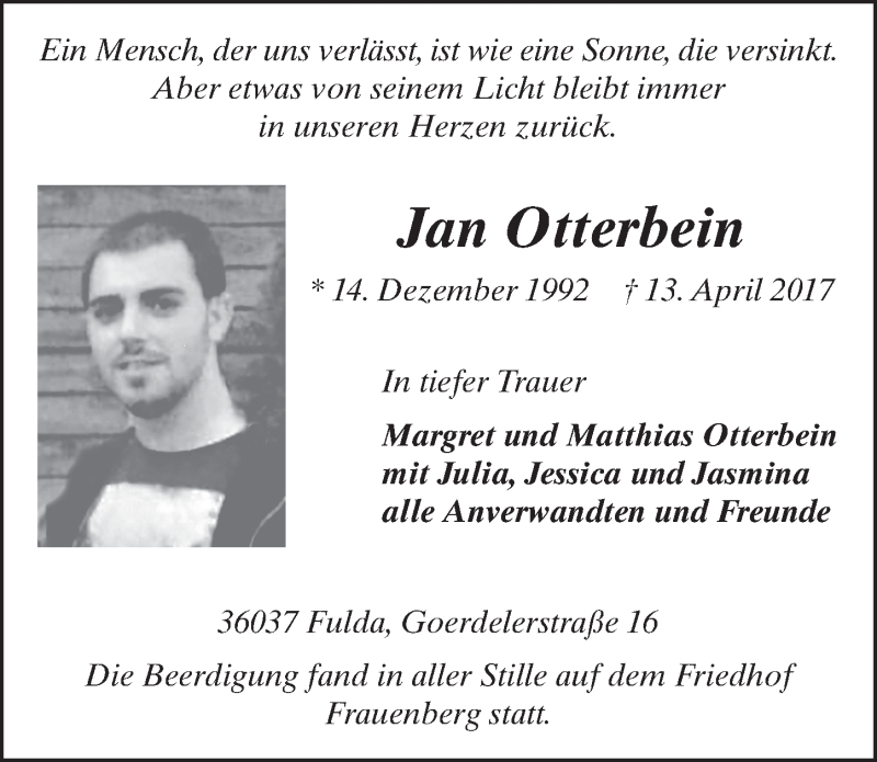  Traueranzeige für Jan Otterbein vom 03.05.2017 aus 