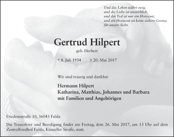 Traueranzeige von Gertrud Hilpert 