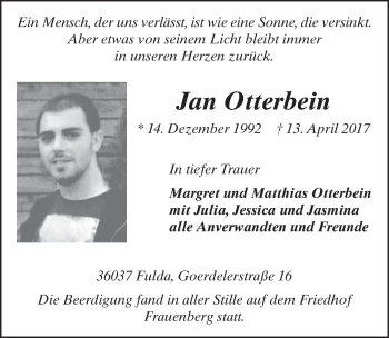 Traueranzeige von Jan Otterbein 