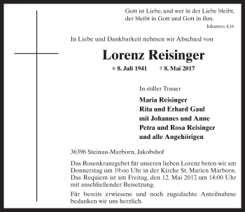 Traueranzeige von Lorenz Reisinger 