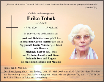 Traueranzeige von Erika Tohak 