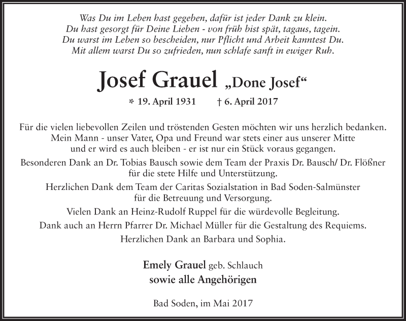  Traueranzeige für Josef Grauel vom 06.05.2017 aus 