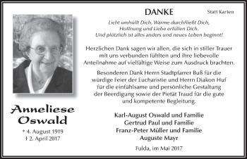 Traueranzeige von Anneliese Oswald 