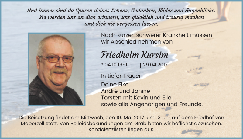  Traueranzeige für Friedhelm Kursim vom 06.05.2017 aus 
