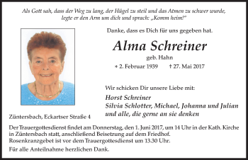 Traueranzeige von Alma Schreiner 