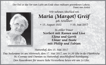 Traueranzeige von Maria Margot Greif 