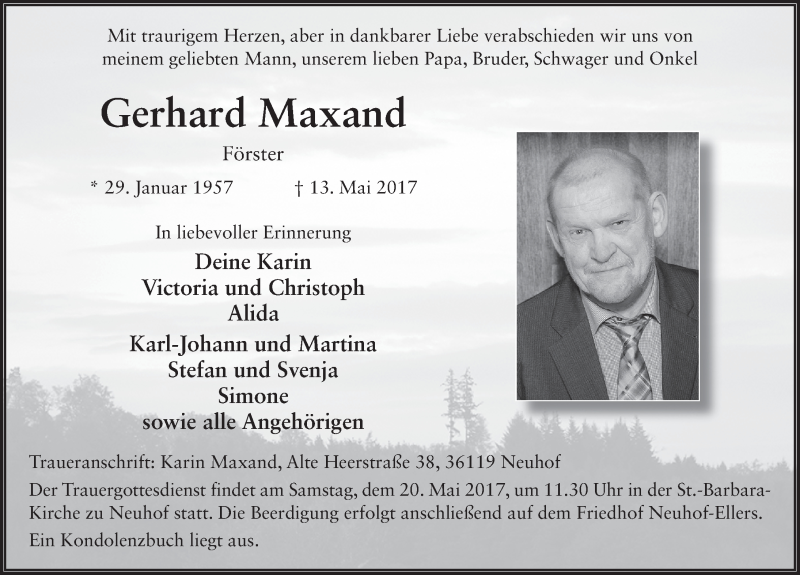  Traueranzeige für Gerhard Maxand vom 18.05.2017 aus 