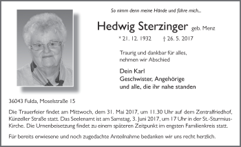 Traueranzeige von Hedwig Sterzinger 
