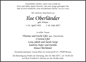 Traueranzeige von Ilse Oberländer 