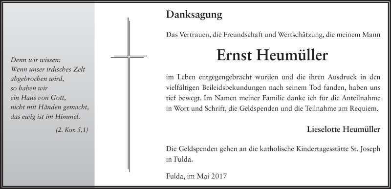  Traueranzeige für Ernst Heumüller vom 27.05.2017 aus 