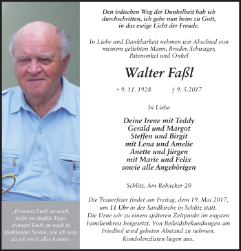 Traueranzeige von Walter Faßl 