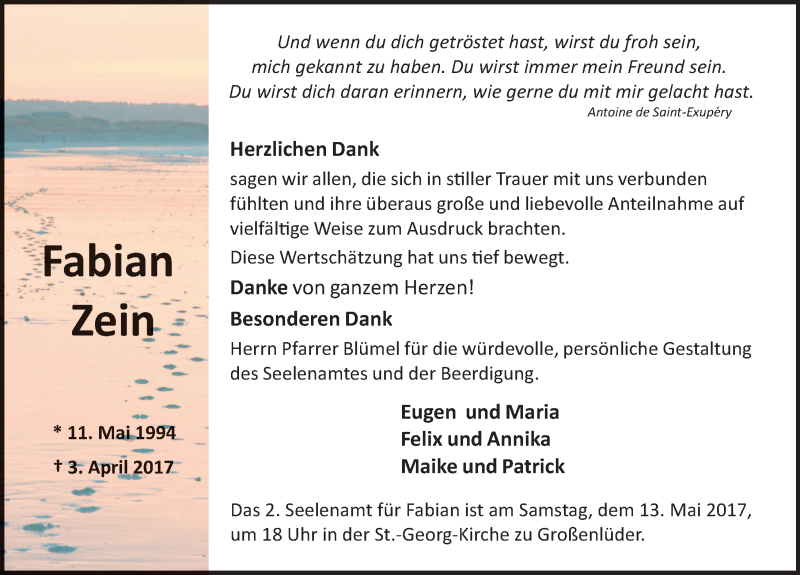  Traueranzeige für Fabian Zein vom 06.05.2017 aus 