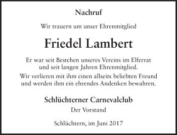 Traueranzeige von Friedel Lambert 