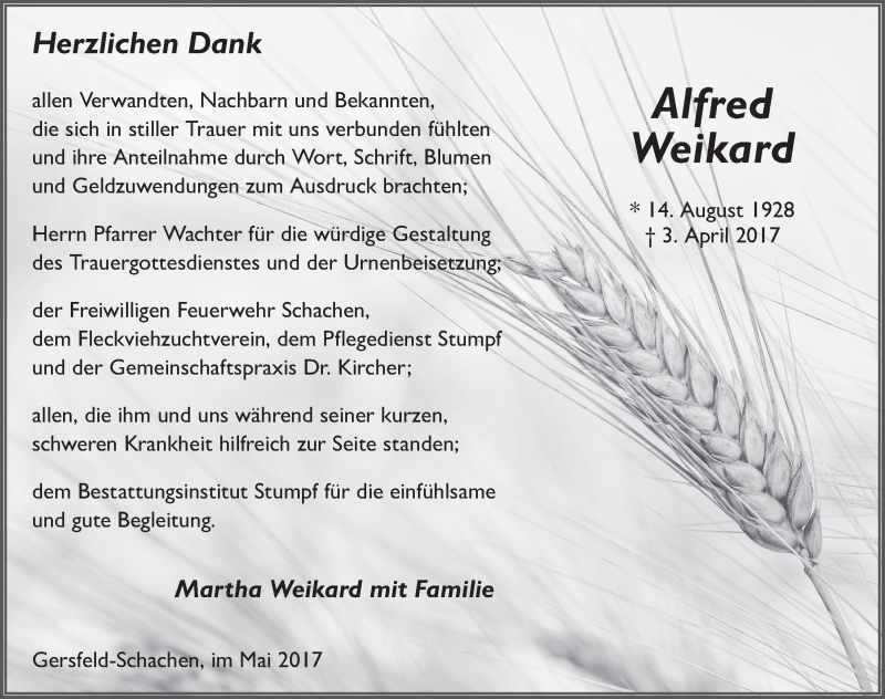  Traueranzeige für Alfred Weikard vom 06.05.2017 aus 