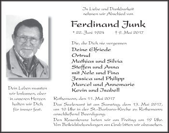 Traueranzeige von Ferdinand Junk 
