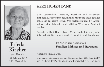 Traueranzeige von Frieda Kircher 