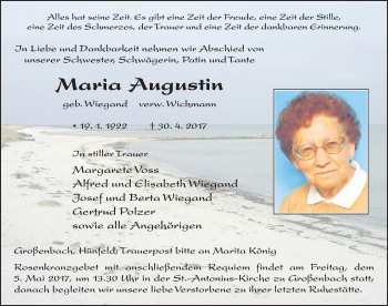 Traueranzeige von Maria Augustin 