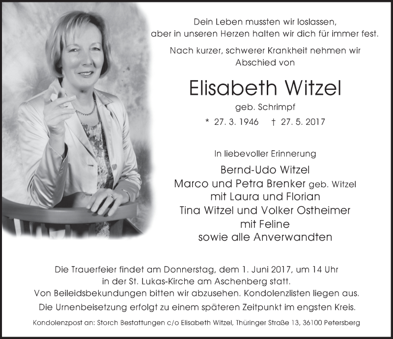  Traueranzeige für Elisabeth Witzel vom 30.05.2017 aus 