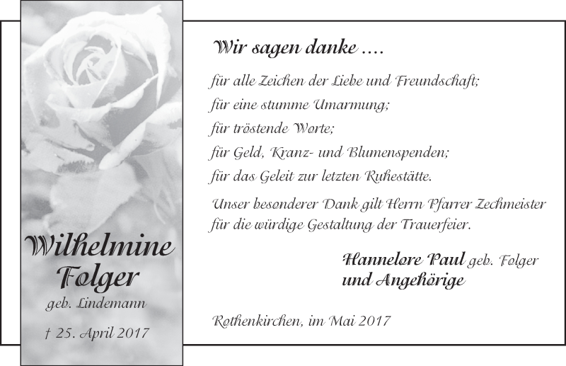  Traueranzeige für Wilhelmine Folger vom 27.05.2017 aus 