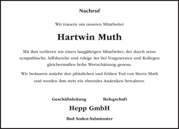 Traueranzeige von Hartwin Muth 
