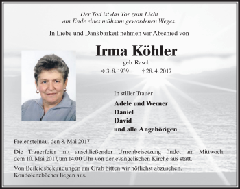 Traueranzeige von Irma Köhler 