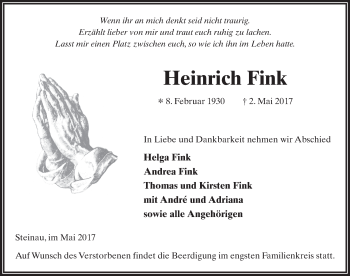 Traueranzeige von Heinrich Fink 